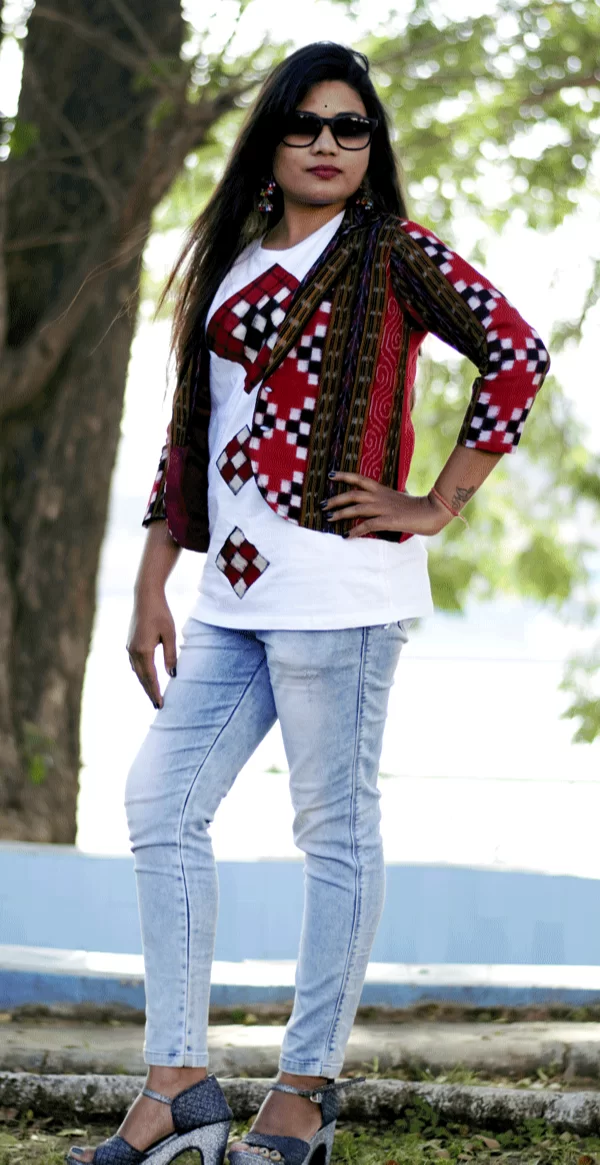 Sambalpuri Cotton Ladies White Red T Shirt With Blazer Sambalpuri in new Dimension unique arts crafts